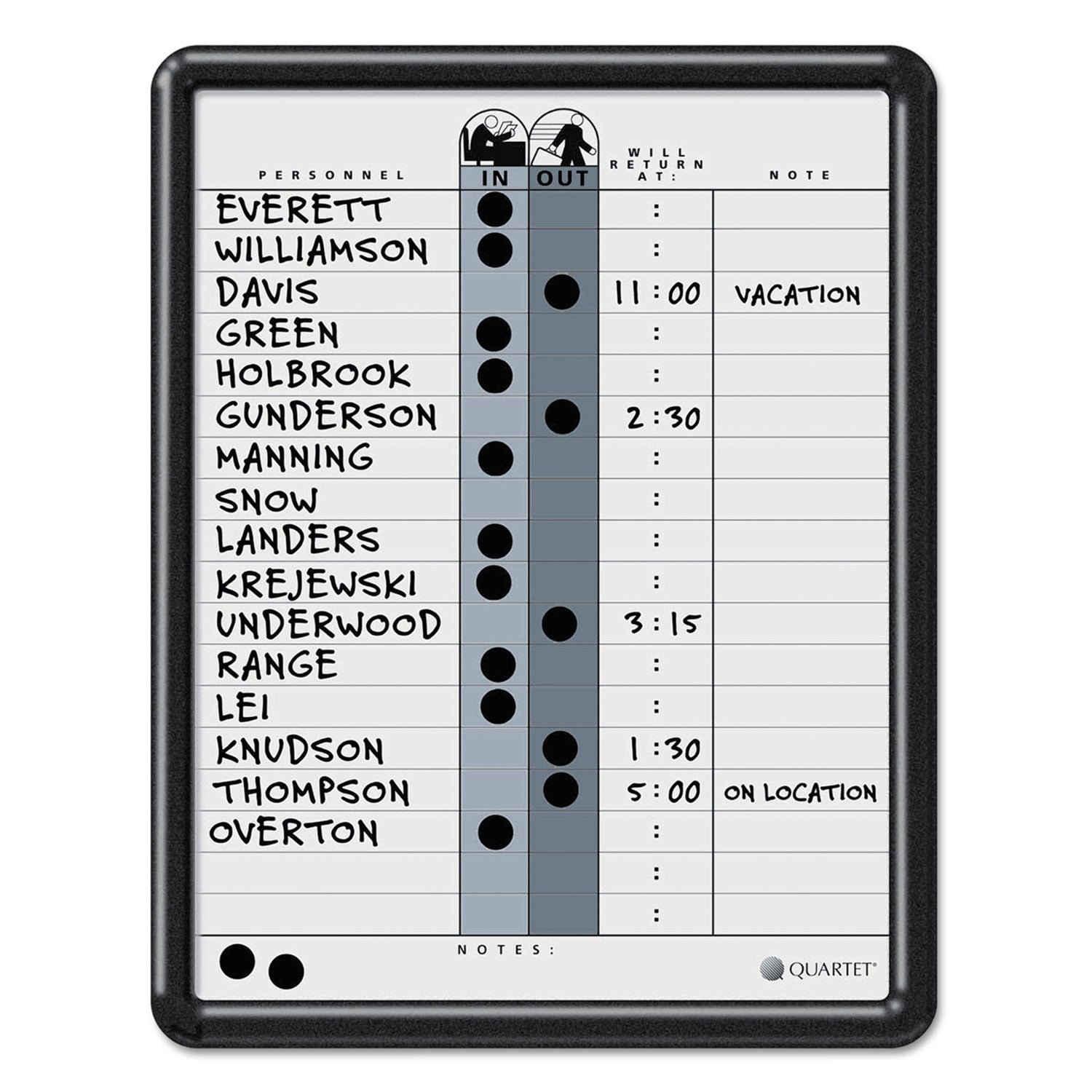 Quartet Employee In/Out Board, 11 x 14, Porcelain White/Gray Surface, Black Plastic Frame (750)