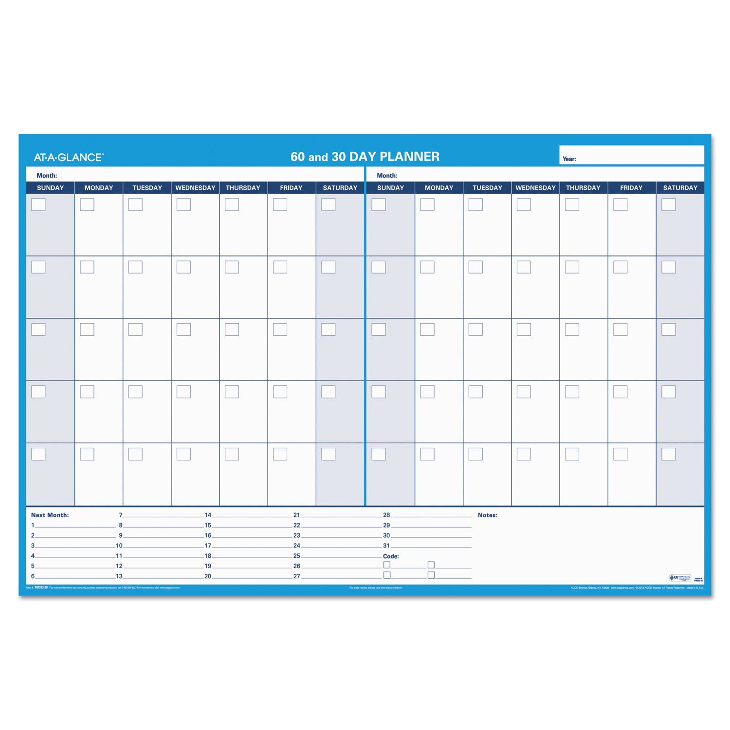 AT-A-GLANCE 30/60-Day Undated Horizontal Erasable Wall Planner, 48 x 32, White/Blue Sheets, Undated (PM33328)