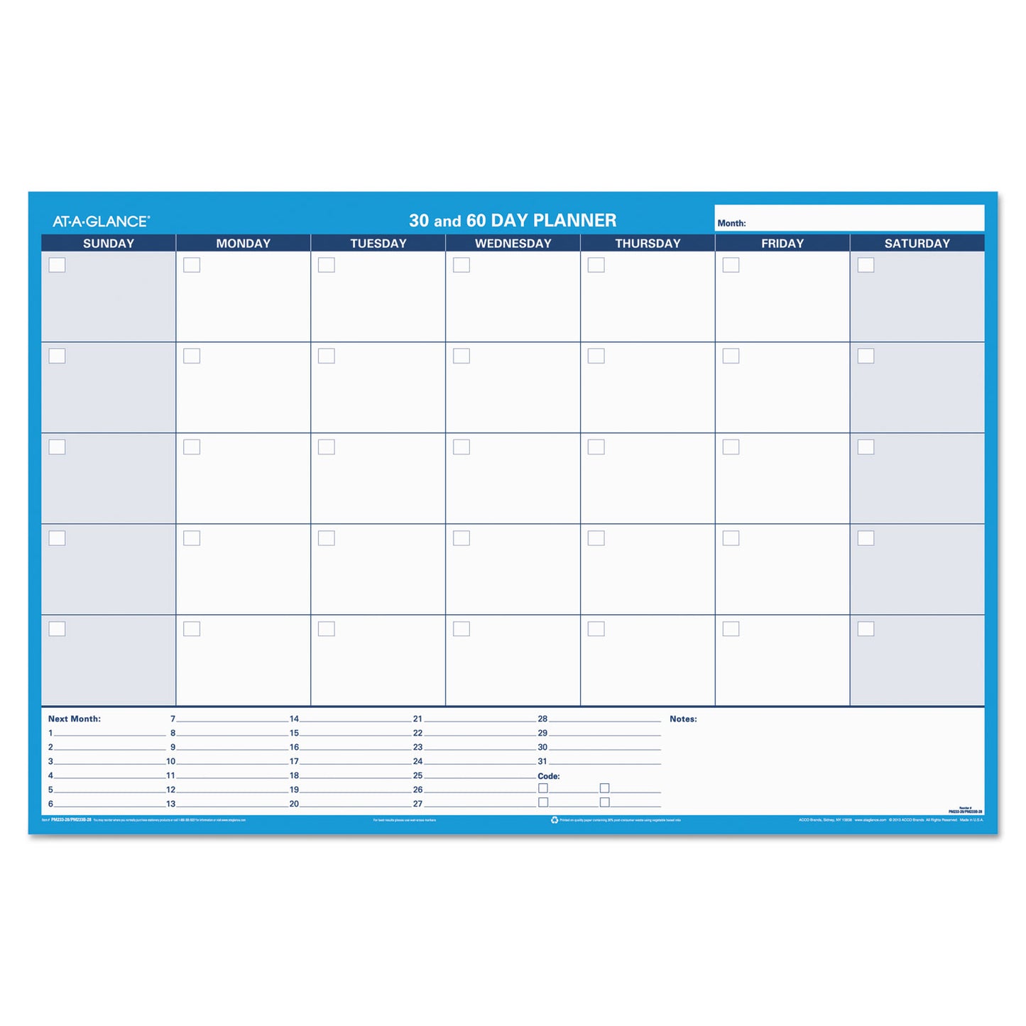 AT-A-GLANCE 30/60-Day Undated Horizontal Erasable Wall Planner, 36 x 24, White/Blue Sheets, Undated (PM23328)