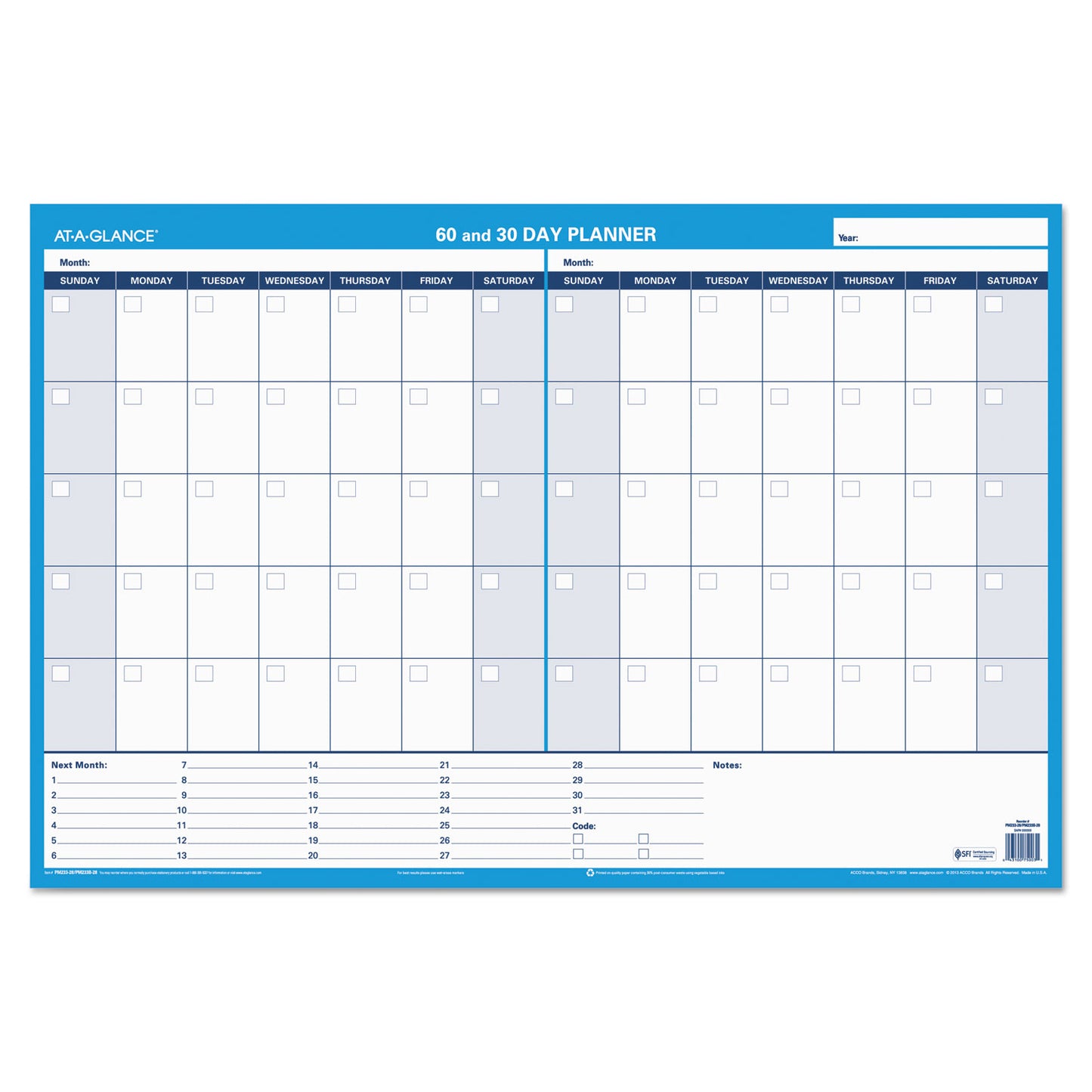 AT-A-GLANCE 30/60-Day Undated Horizontal Erasable Wall Planner, 36 x 24, White/Blue Sheets, Undated (PM23328)