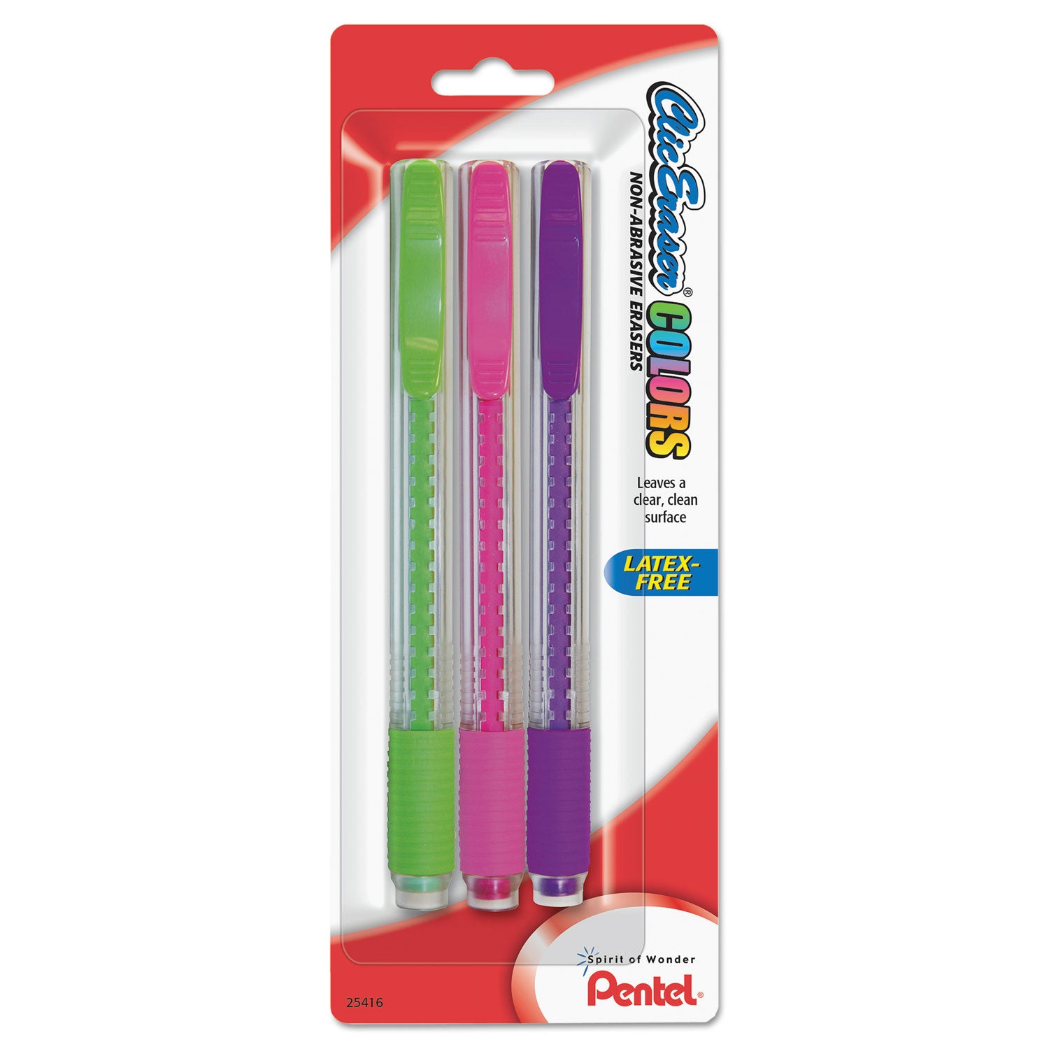 Pentel Clic Eraser COLORS Eraser, For Pencil Marks, White Eraser, Assorted Barrel Colors, 3/Pack (ZE23BP3M)