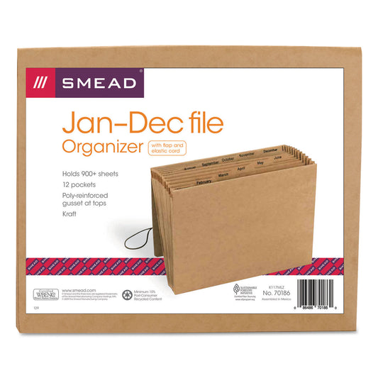 Smead Indexed Expanding Kraft Files, 12 Sections, Elastic Cord Closure, 1/12-Cut Tabs, Letter Size, Kraft (70186)