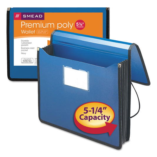 Smead Poly Premium Wallets, 5.25" Expansion, 1 Section, Elastic Cord Closure, Letter Size, Navy Blue (71503)