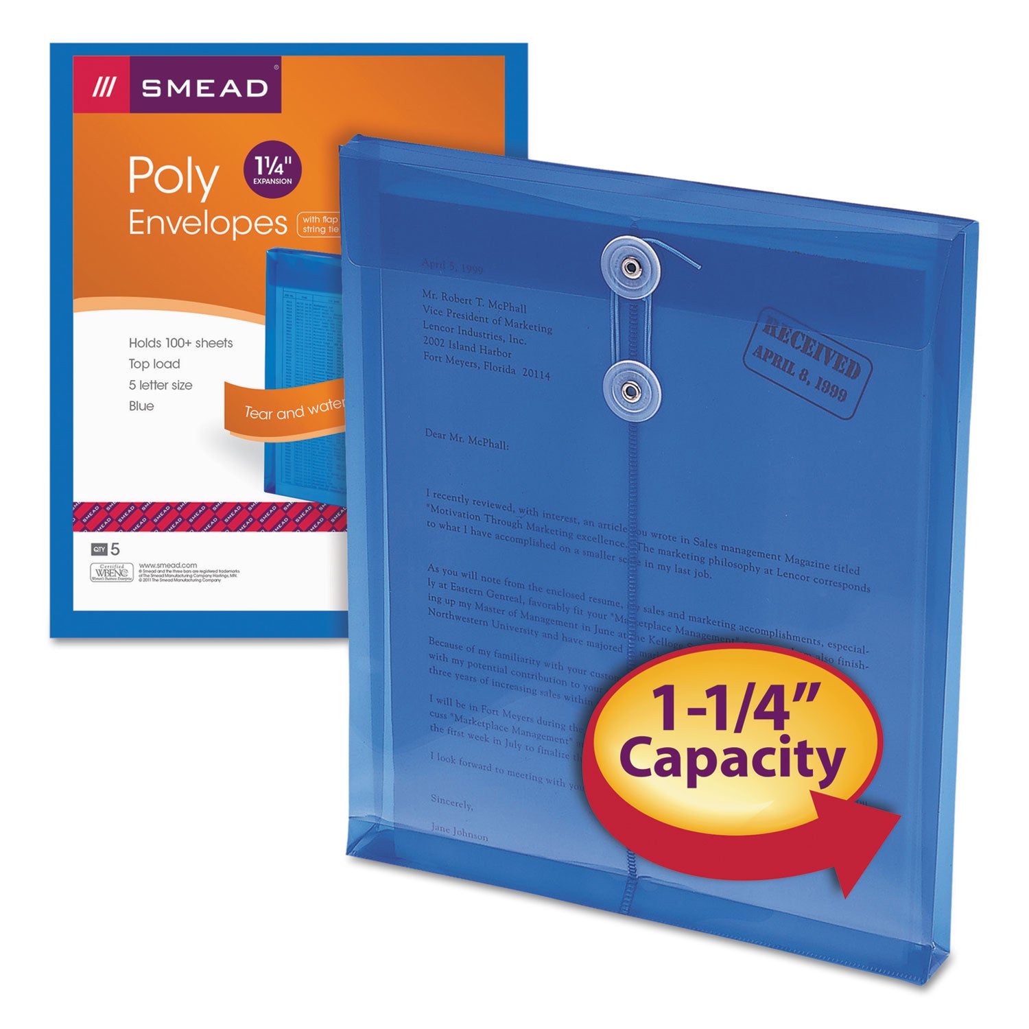 Smead Poly String and Button Interoffice Envelopes, Open-End (Vertical), 9.75 x 11.63, Transparent Blue, 5/Pack (89542)