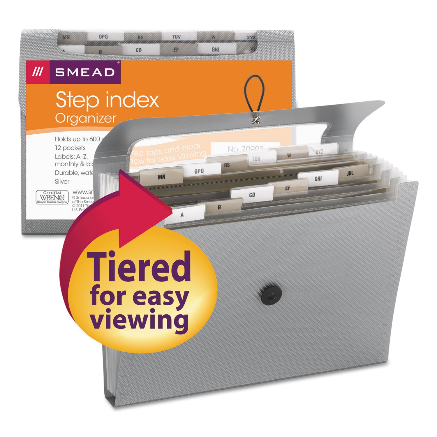 Smead Step Index Organizer, 12 Sections, Cord/Hook Closure, 1/6-Cut Tabs, Letter Size, Silver (70903)
