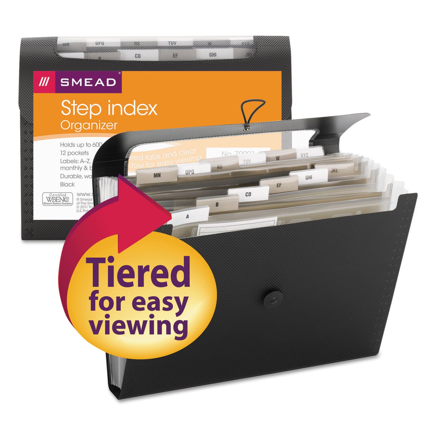 Smead Step Index Organizer, 12 Sections, Cord/Hook Closure, 1/6-Cut Tabs, Letter Size, Black (70901)