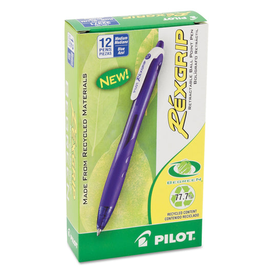 Pilot RexGrip BeGreen Ballpoint Pen, Retractable, Medium 1 mm, Blue Ink, Translucent Blue Barrel, Dozen (32371)