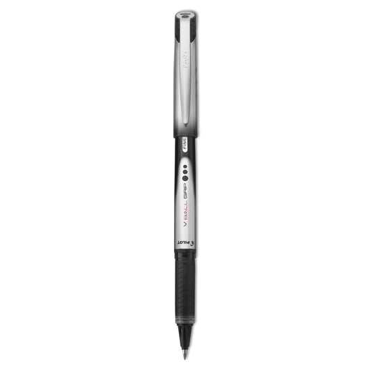 Pilot VBall Grip Liquid Ink Roller Ball Pen, Stick, Fine 0.7 mm, Black Ink, Black/Silver Barrel, Dozen (35570)