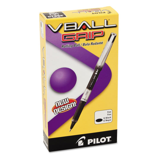 Pilot VBall Grip Liquid Ink Roller Ball Pen, Stick, Fine 0.7 mm, Black Ink, Black/Silver Barrel, Dozen (35570)