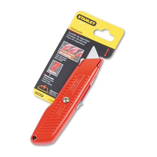 Stanley Interlock Safety Utility Knife with Self-Retracting Round Point Blade, 5.63" Metal Handle, Red Orange (10189C)