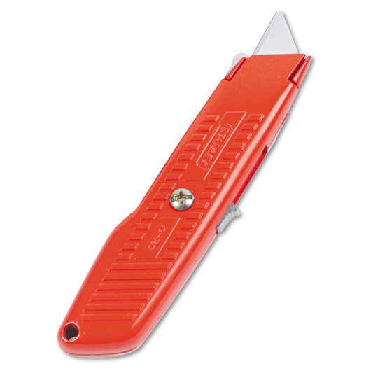 Stanley Interlock Safety Utility Knife with Self-Retracting Round Point Blade, 5.63" Metal Handle, Red Orange (10189C)