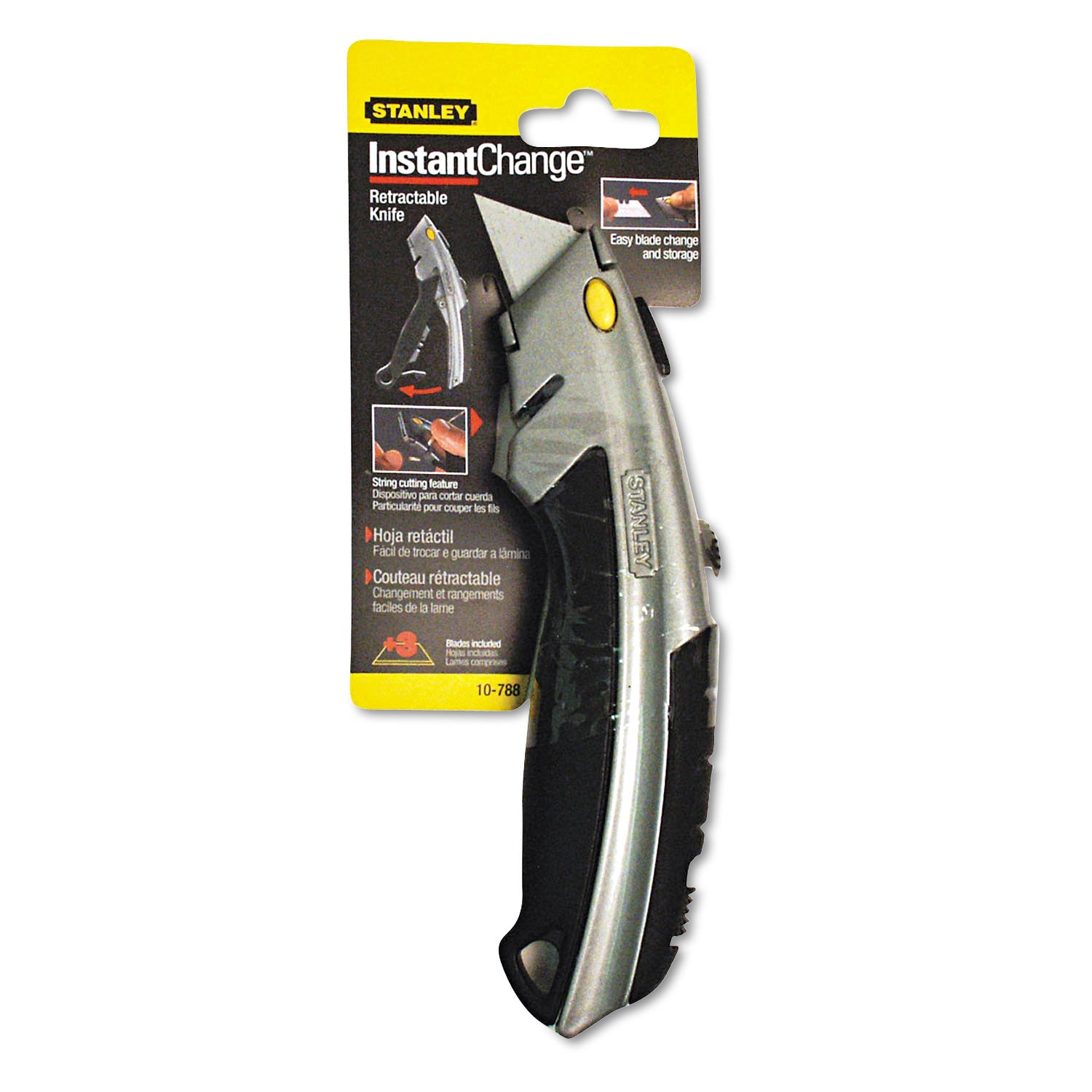 Stanley Curved Quick-Change Utility Knife, Stainless Steel Retractable Blade, 3 Blades, 6.5" Metal Handle, Black/Chrome (10788)