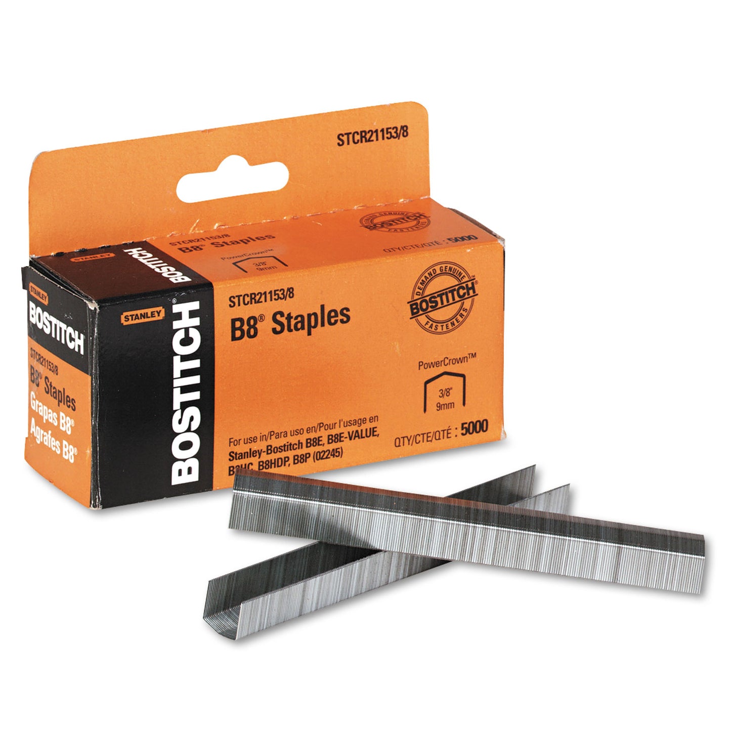 Bostitch B8 PowerCrown Premium Staples, 0.38" Leg, 0.5" Crown, Steel, 5,000/Box (STCR211538)