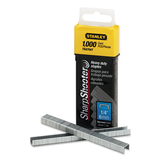 Stanley SharpShooter Heavy-Duty Tacker Staples, 0.25" Leg, 0.5" Crown, Steel, 1,000/Box (TRA704T)