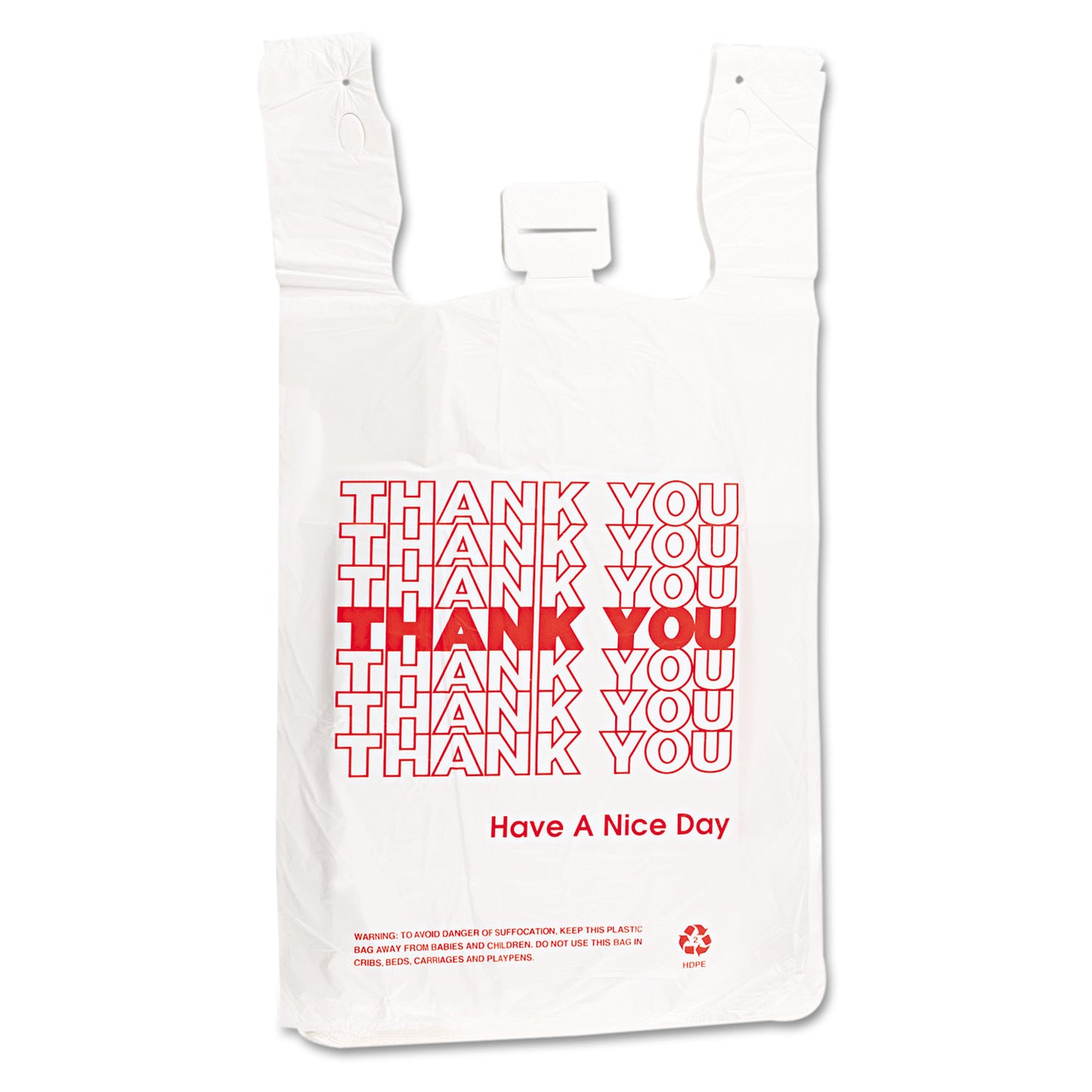 Barnes Paper Company Plastic Thank-You T-Sack, Thank You - Have a Nice Day Labeling, Cut-Out Handles, 4" x 6" x 15", White/Red, 2,000/Carton (6415THYOU)