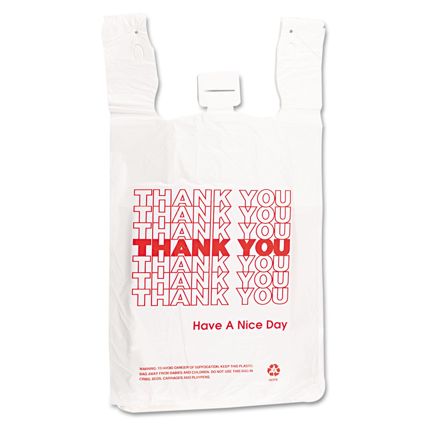 Barnes Paper Company Plastic Thank-You T-Sack, Thank You - Have a Nice Day Labeling, Cut-Out Handles, 4" x 6" x 15", White/Red, 2,000/Carton (6415THYOU)