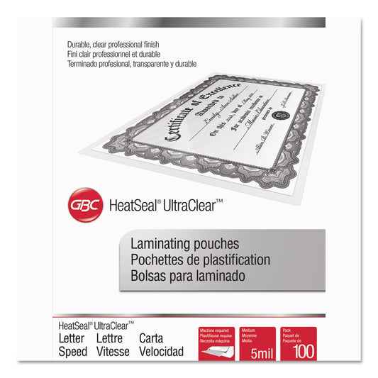 GBC UltraClear Thermal Laminating Pouches, 5 mil, 9" x 11.5", Gloss Clear, 100/Box (3200587)