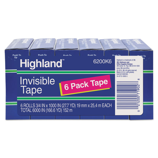 Highland Invisible Permanent Mending Tape, 1" Core, 0.75" x 83.33 ft, Clear, 6/Pack (6200K6)