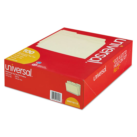 Universal Double-Ply Top Tab Manila File Folders, 1/3-Cut Tabs: Assorted, Letter Size, 0.75" Expansion, Manila, 100/Box (16113)