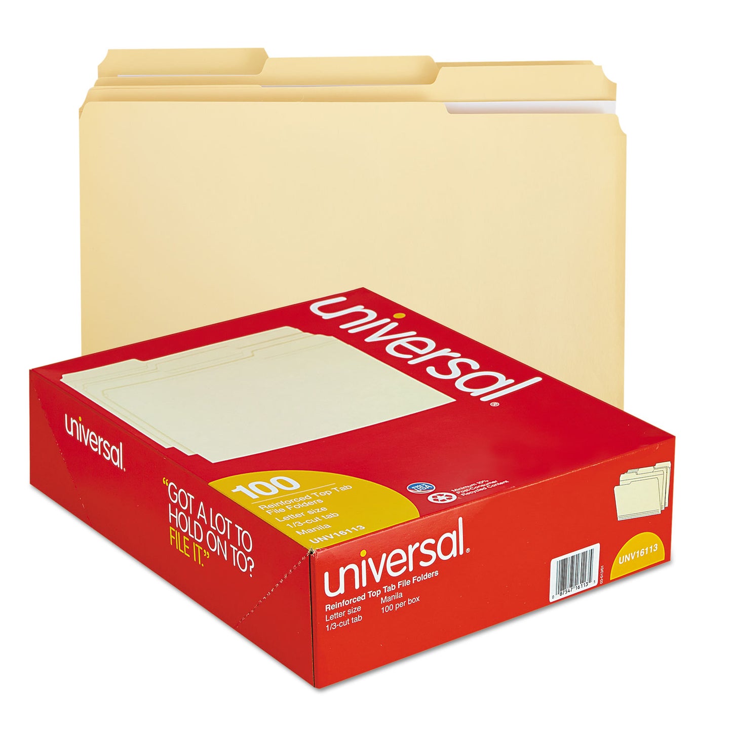 Universal Double-Ply Top Tab Manila File Folders, 1/3-Cut Tabs: Assorted, Letter Size, 0.75" Expansion, Manila, 100/Box (16113)