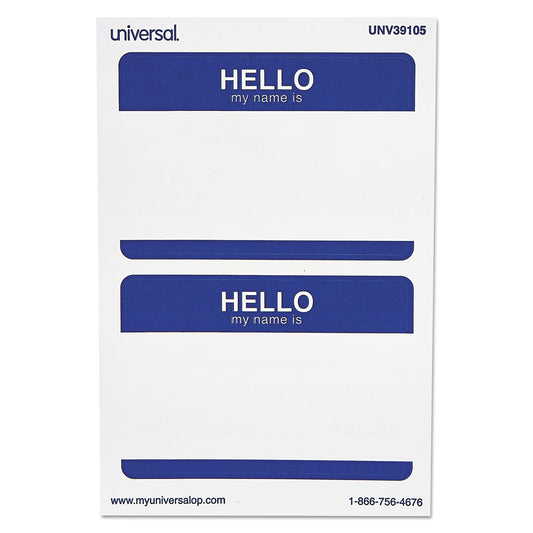 Universal Hello Self-Adhesive Name Badges, 3.5 x 2.25, White/Blue, 100/Pack (39105)