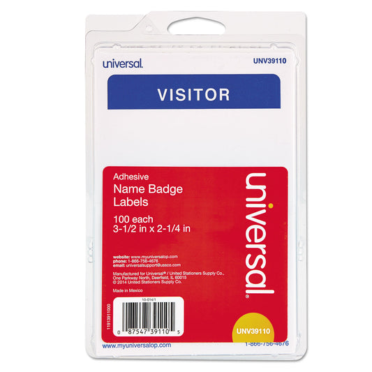 Universal Visitor Self-Adhesive Name Badges, 3.5 x 2.25, White/Blue, 100/Pack (39110)