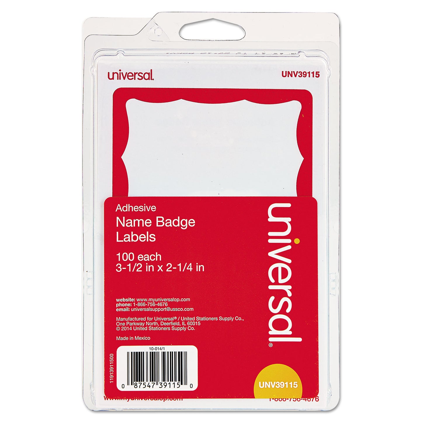 Universal Border-Style Self-Adhesive Name Badges, 3 1/2 x 2 1/4, White/Red, 100/Pack (39115)