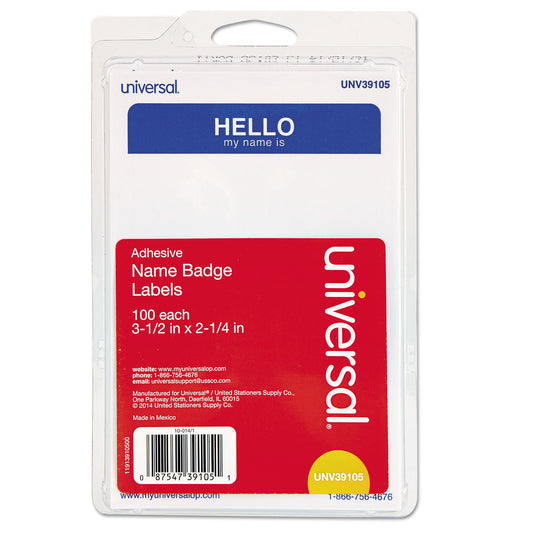 Universal Hello Self-Adhesive Name Badges, 3.5 x 2.25, White/Blue, 100/Pack (39105)