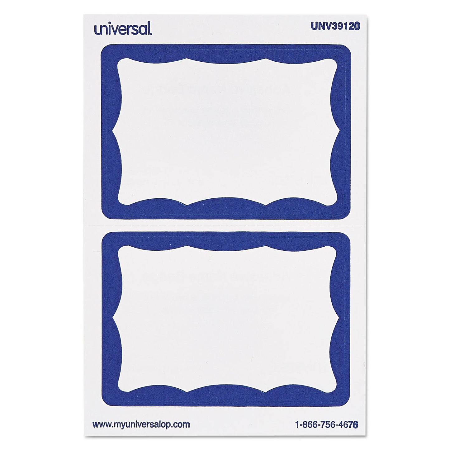 Universal Border-Style Self-Adhesive Name Badges, 3 1/2 x 2 1/4, White/Blue, 100/Pack (39120)