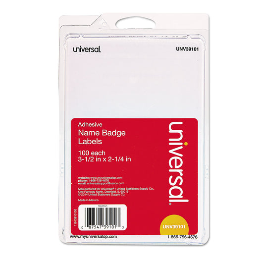 Universal Plain Self-Adhesive Name Badges, 3 1/2 x 2 1/4, White, 100/Pack (39101)