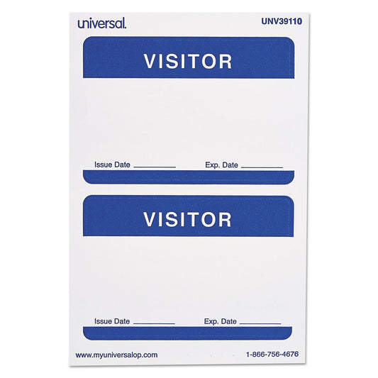 Universal Visitor Self-Adhesive Name Badges, 3.5 x 2.25, White/Blue, 100/Pack (39110)