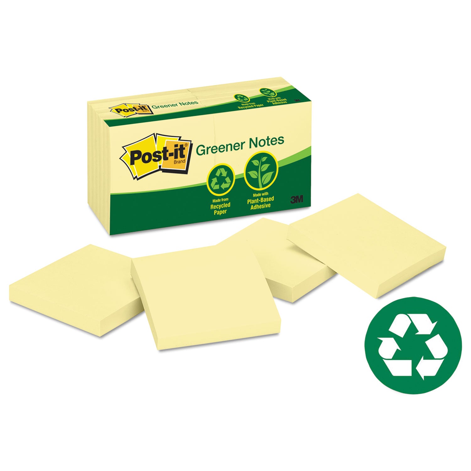 Post-it Original Recycled Note Pads, 3" x 3", Canary Yellow, 100 Sheets/Pad, 12 Pads/Pack (654RPYW)