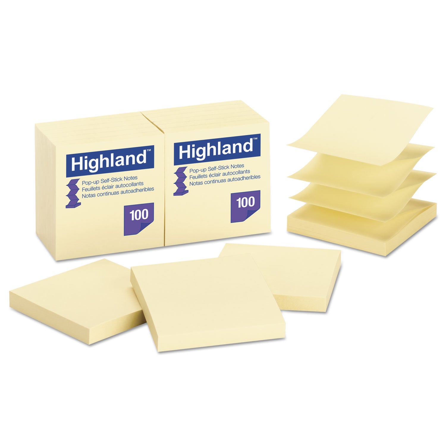 Highland Self-Stick Pop-up Notes, 3" x 3", Yellow, 100 Sheets/Pad, 12 Pads/Pack (6549PUY)