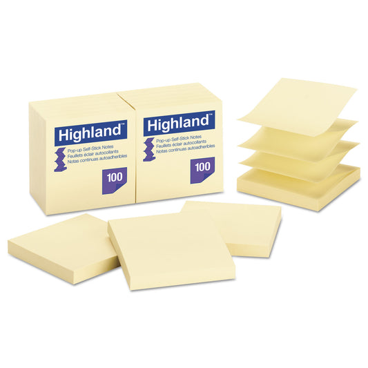 Highland Self-Stick Pop-up Notes, 3" x 3", Yellow, 100 Sheets/Pad, 12 Pads/Pack (6549PUY)