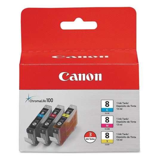 Canon 0621B016 (CLI-8) ChromaLife100+ Ink, 840 Page-Yield, Cyan/Magenta/Yellow