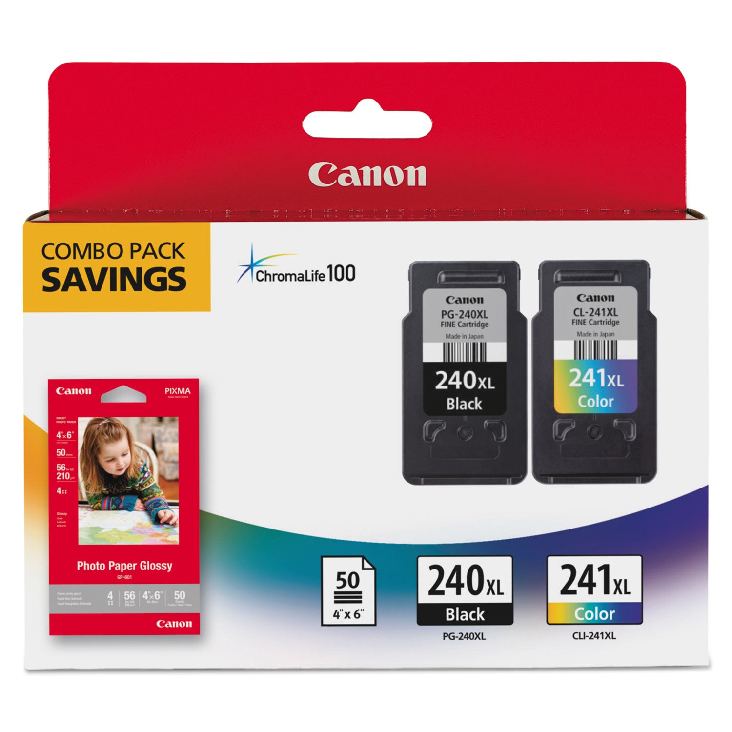 Canon 5206B005 (PG-240XL/CL-241XL) High-Yield Ink/Paper Combo, Black/Tri-Color