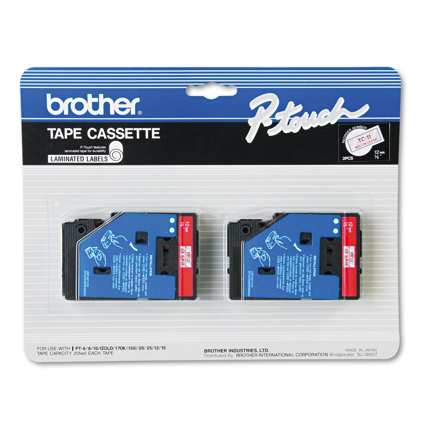 Brother TC Tape Cartridges for P-Touch Labelers, 0.47" x 25.2 ft, Red on Clear, 2/Pack (TC11)