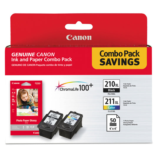 Canon 2973B004 (PGI-210XL/CL-211XL) ChromaLife100+ High-Yield Ink/Paper Combo, Black/Tri-Color