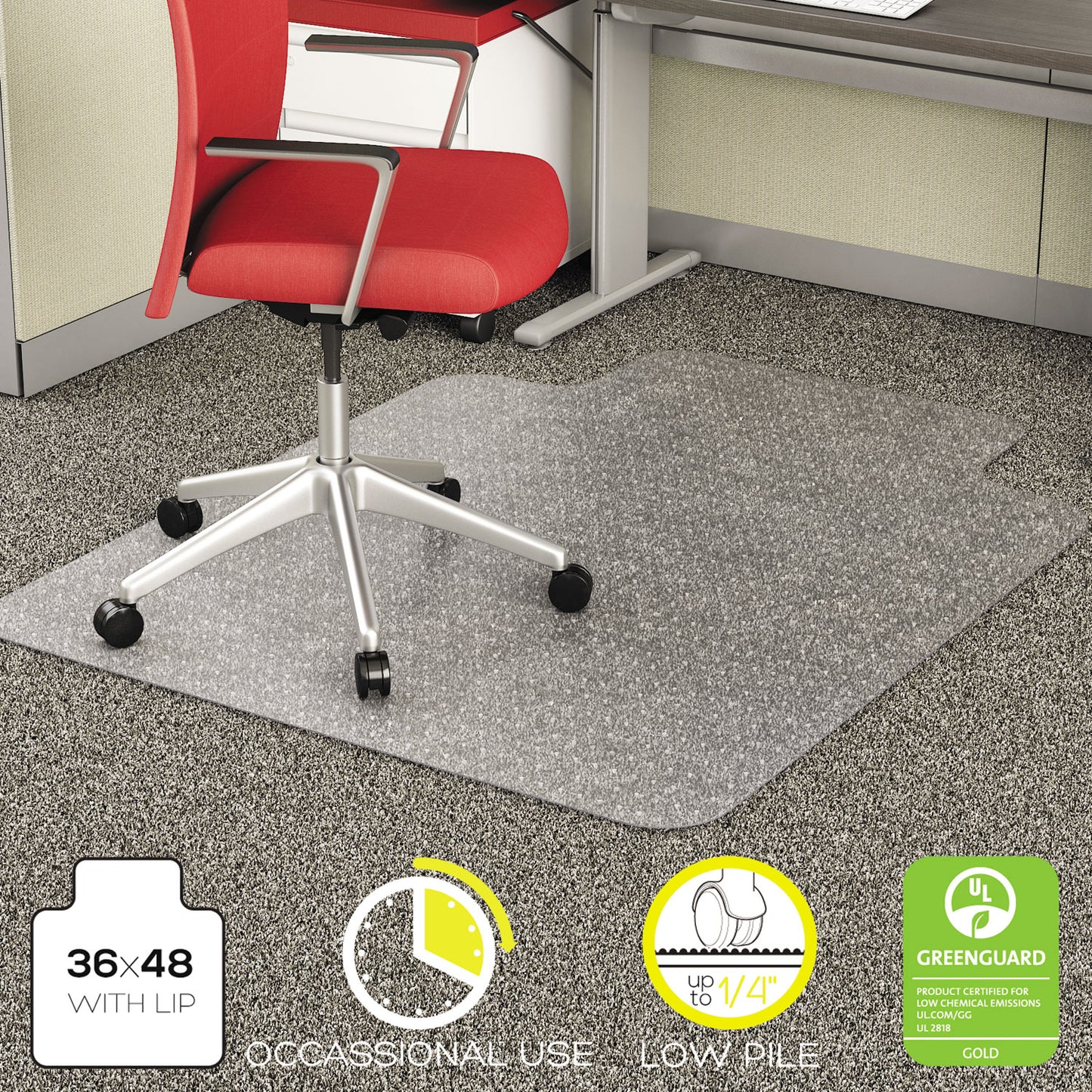 Deflecto EconoMat Occasional Use Chair Mat, Low Pile Carpet, Flat, 36 x 48, Lipped, Clear (CM11112)