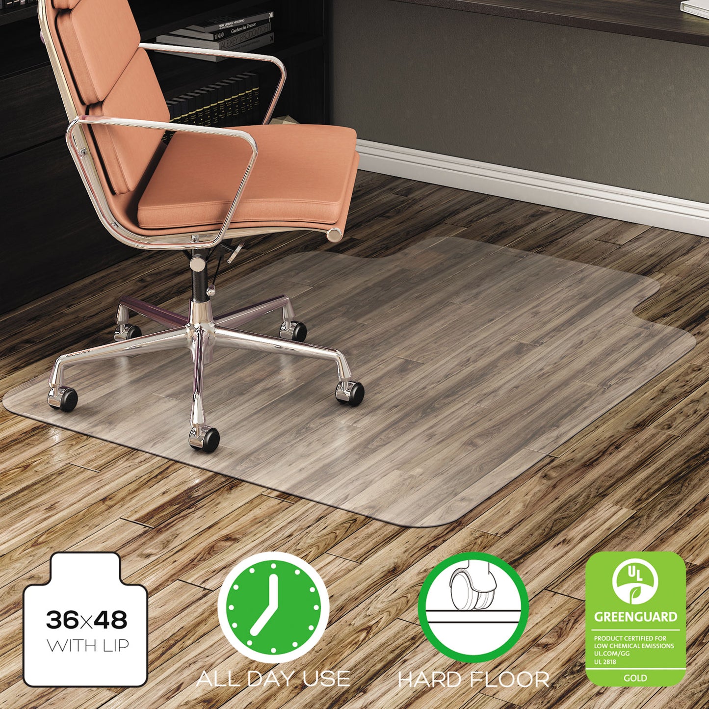 Deflecto EconoMat All Day Use Chair Mat for Hard Floors, Flat Packed, 36 x 48, Lipped, Clear (CM21112)