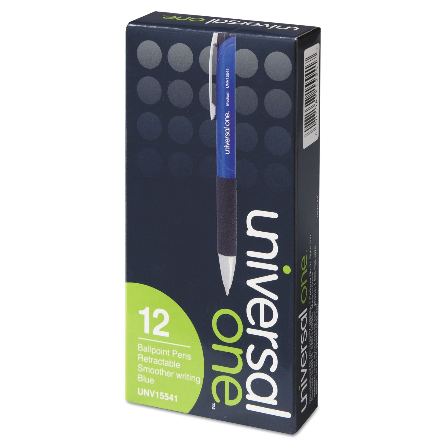 Universal Comfort Grip Ballpoint Pen, Retractable, Medium 1 mm, Blue Ink, Blue/Black Barrel, Dozen (15541)