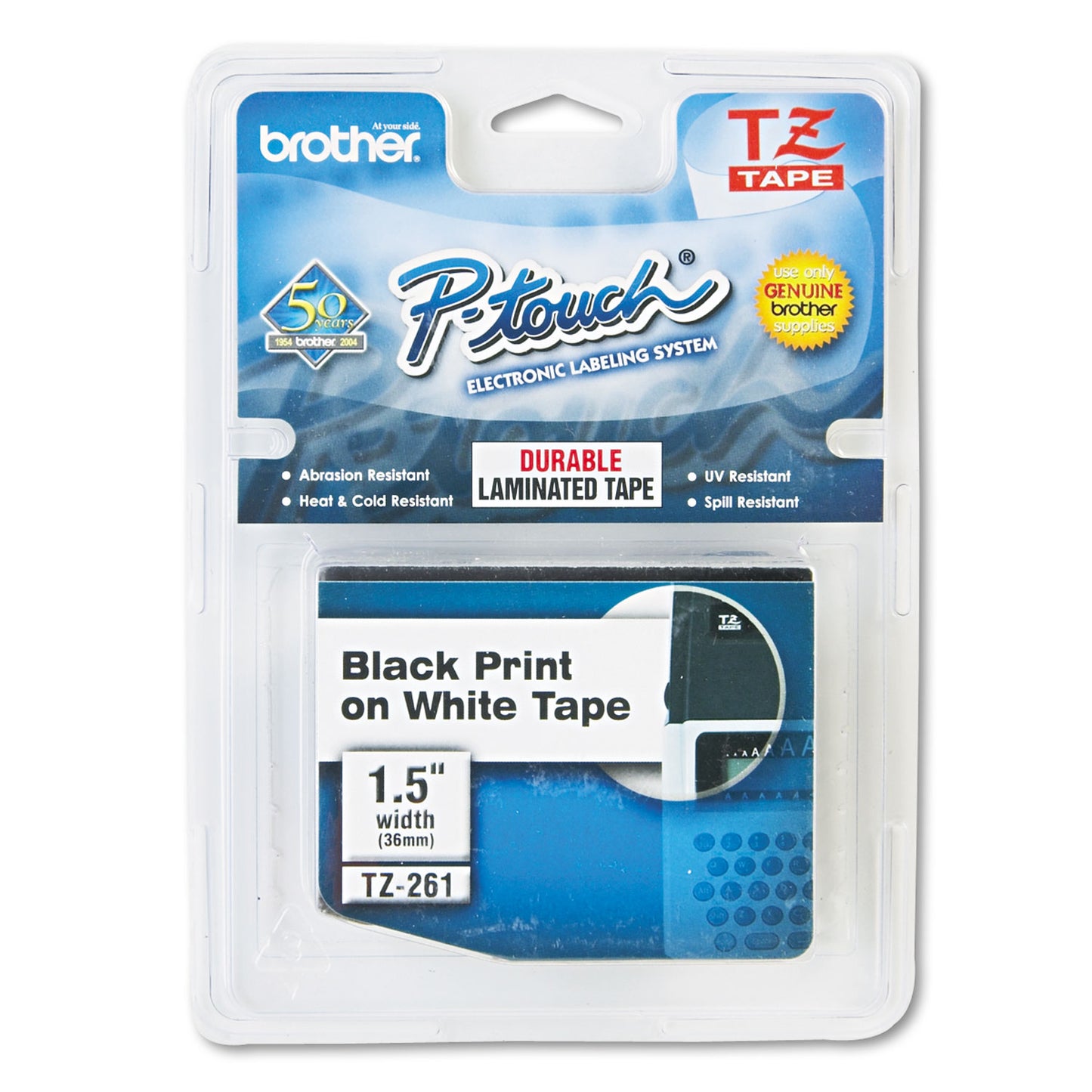 Brother TZe Standard Adhesive Laminated Labeling Tape, 1.4" x 26.2 ft, Black on White (TZE261)