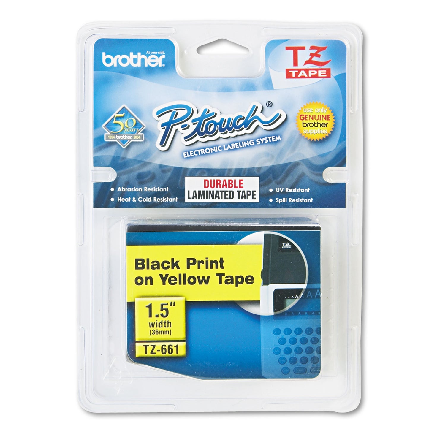 Brother TZe Standard Adhesive Laminated Labeling Tape, 1.4" x 26.2 ft, Black on Yellow (TZE661)