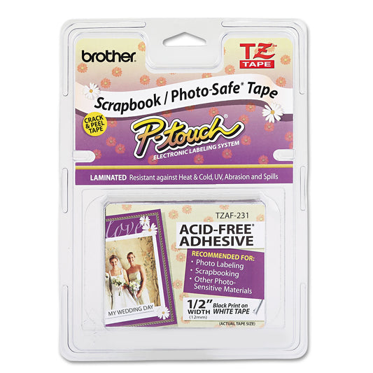 Brother TZ Photo-Safe Tape Cartridge for P-Touch Labelers, 0.47" x 26.2 ft, Black on White (TZEAF231)