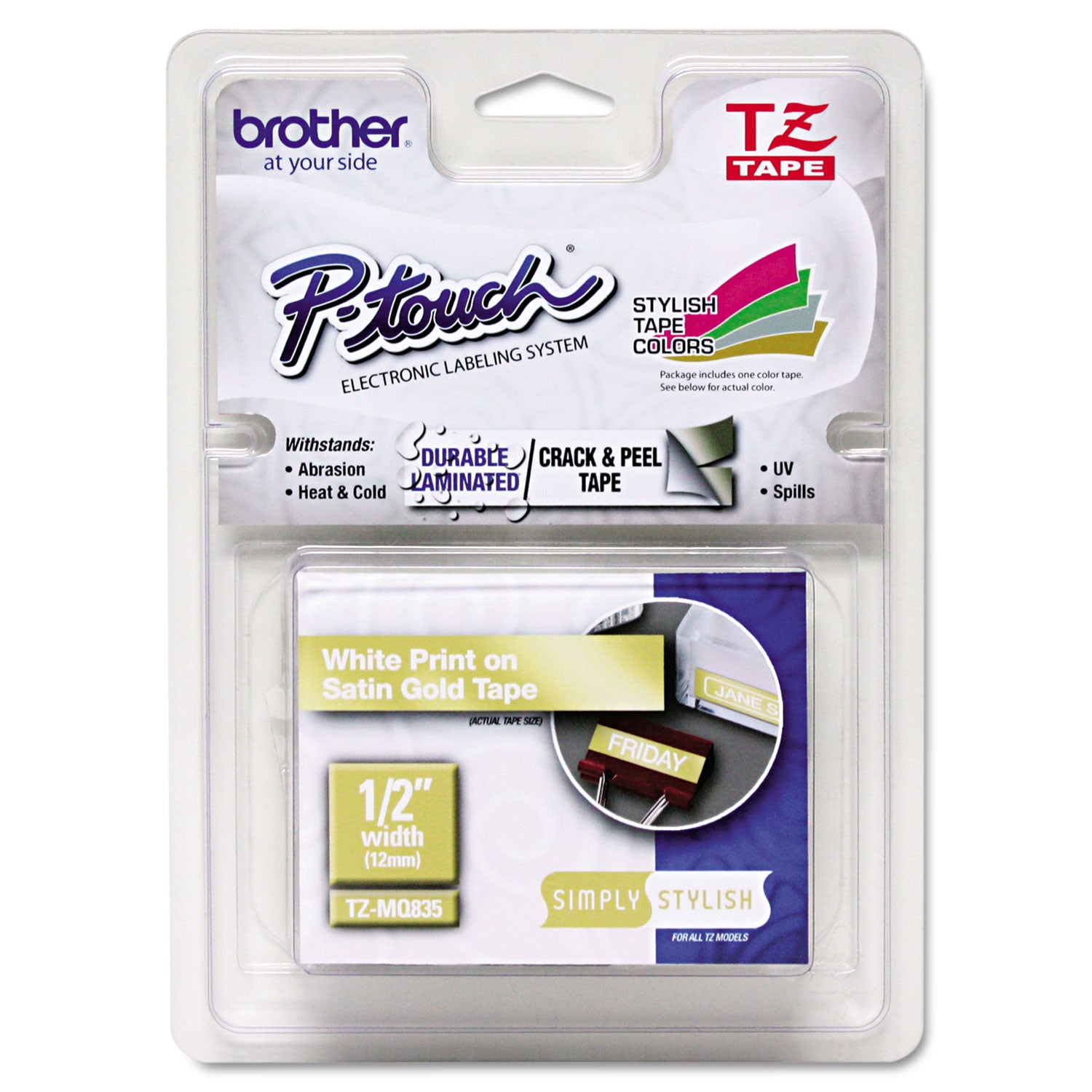 Brother TZ Standard Adhesive Laminated Labeling Tape, 0.47" x 16.4 ft, White/Satin Gold (TZEMQ835)