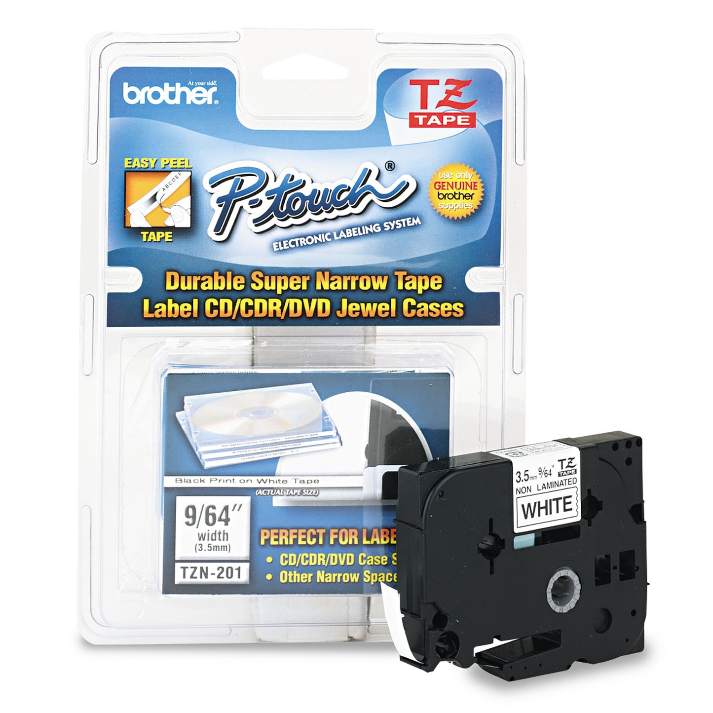 Brother TZ Super-Narrow Non-Laminated Tape for P-Touch Labeler, 0.13" x 26.2 ft, Black on White (TZEN201)