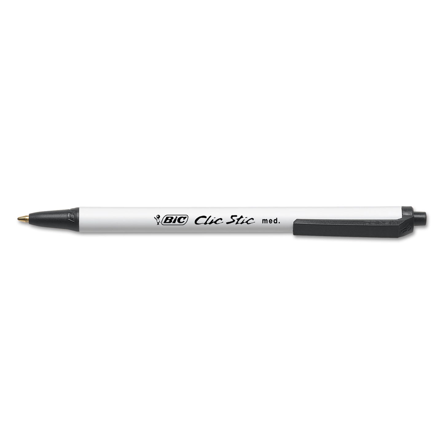 BIC Clic Stic Ballpoint Pen, Retractable, Medium 1 mm, Black Ink, White Barrel, Dozen (CSM11BK)