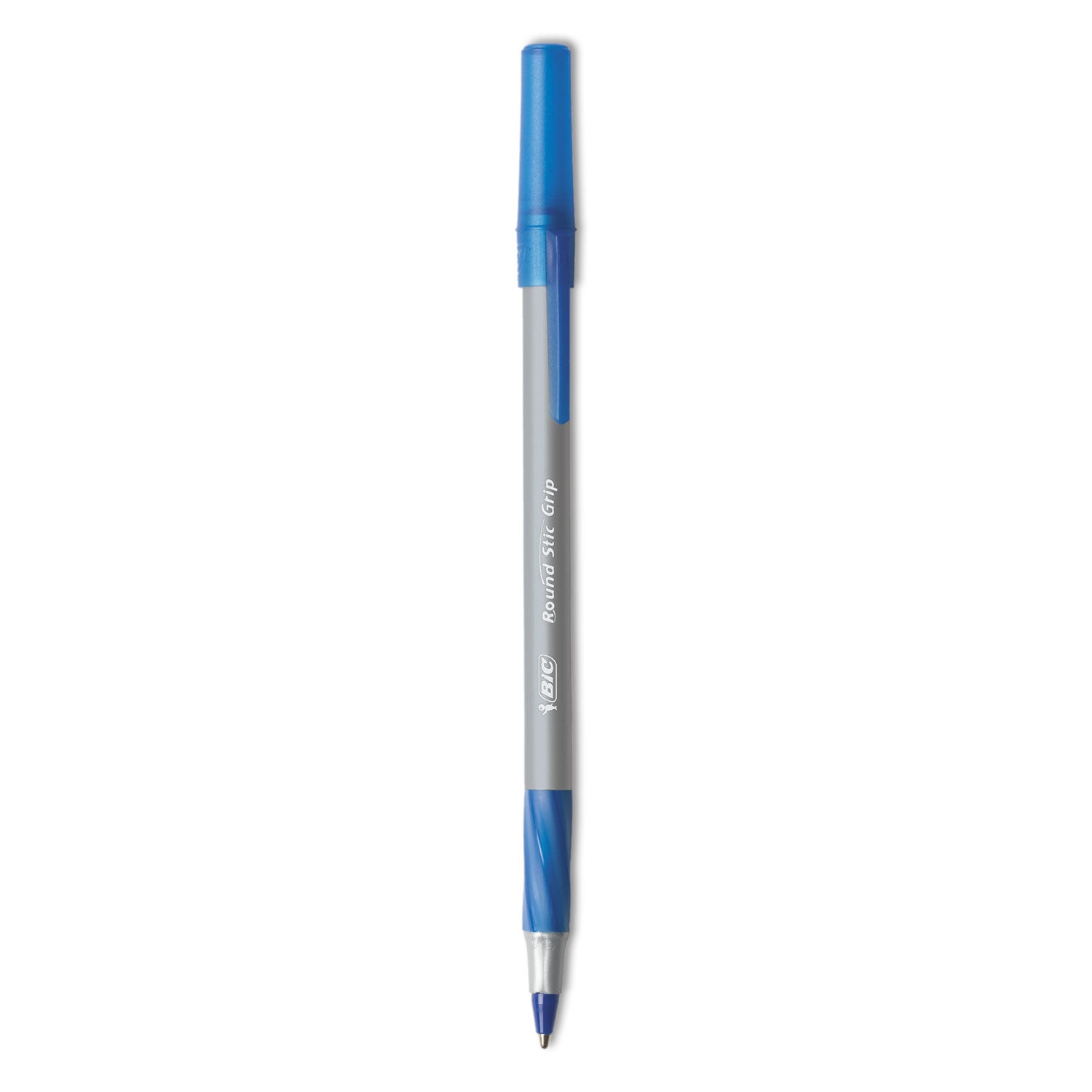 BIC Round Stic Grip Xtra Comfort Ballpoint Pen, Easy-Glide, Stick, Medium 1.2 mm, Blue Ink, Gray/Blue Barrel, Dozen (GSMG11BE)