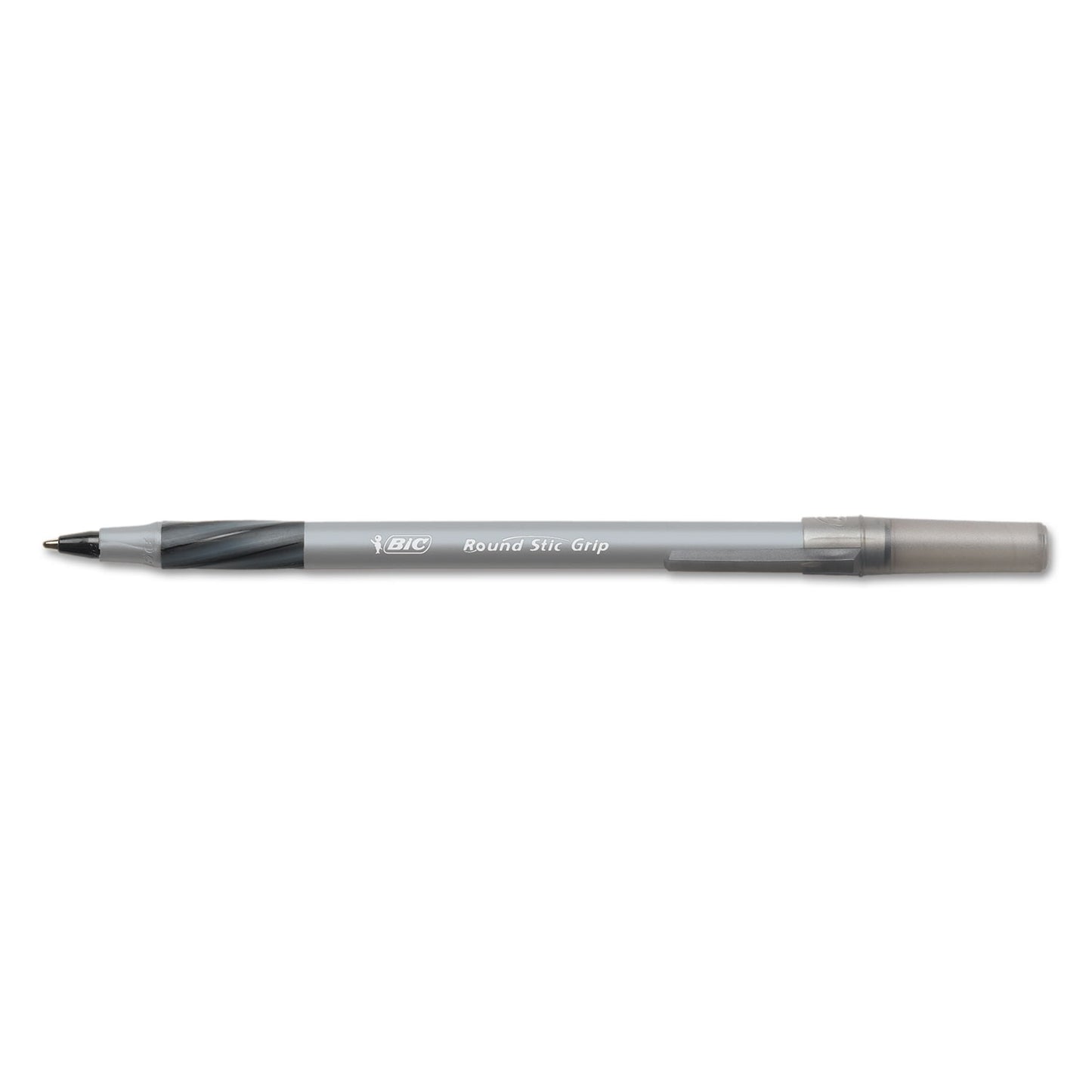 BIC Round Stic Grip Xtra Comfort Ballpoint Pen, Easy-Glide, Stick, Medium 1.2 mm, Black Ink, Gray/Black Barrel, Dozen (GSMG11BK)