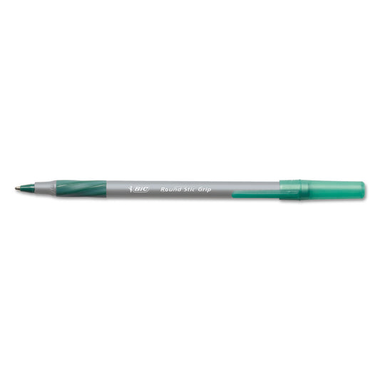 BIC Round Stic Grip Xtra Comfort Ballpoint Pen, Easy-Glide, Stick, Medium 1.2 mm, Green Ink, Gray/Green Barrel, Dozen (GSMG11GN)